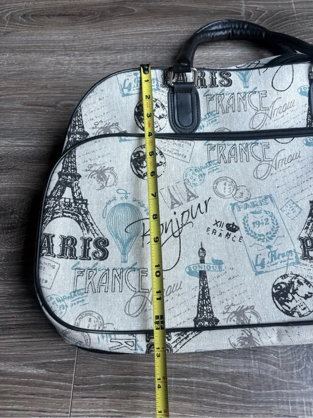 Paris Print Travel Weekender Bag in Light Gray and Black